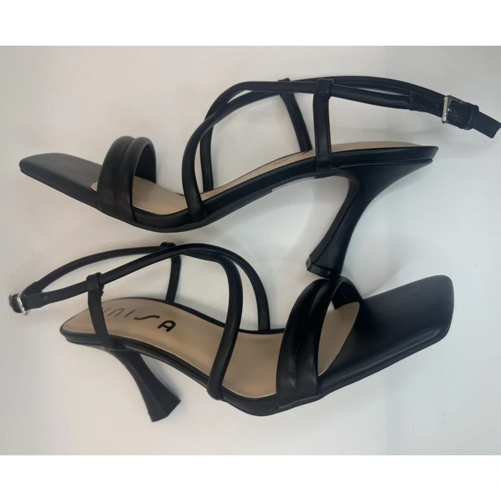 Womens Unisa Black Strappy Sandals Dress Mid Heels Faux Leather Sailor 9.5 M